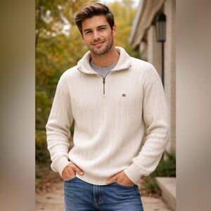 Polo jeans CO Ralph Lauren Men's Cream Sweater with Quarter-Zip 100% cotton